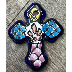 TALAVERA MINI CROSS Pottery Hand painted  made in mexico 2.5 in signed